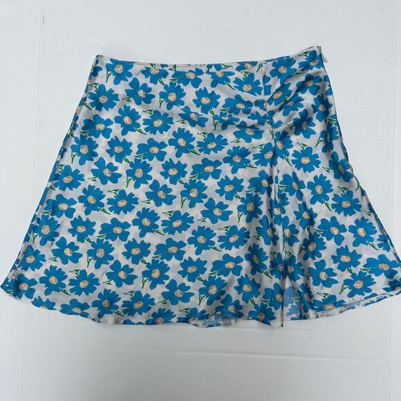 Free People Women’s Jessie Satin Blue Floral Slit Mini Skirt 4 - Picture 2 of 10